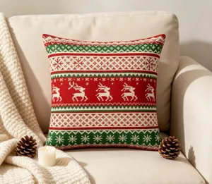 Christmas knitted pillow cover featuring cozy reindeer and snowflake patterns for sofa.