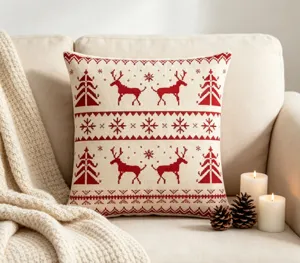 Christmas throw pillow cover with red reindeer snowflake knit pattern for cozy holiday decor.