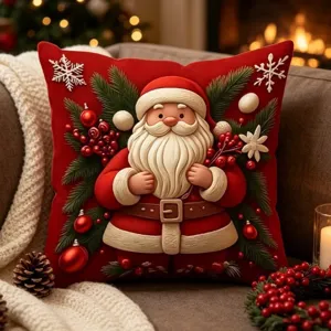 Festive red Christmas throw pillow cover with 3D Santa and pine decor for cozy sofa living.