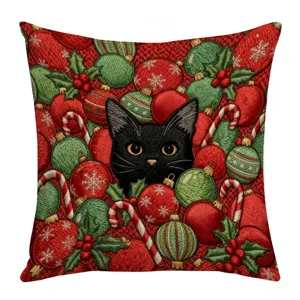 Christmas black cat throw pillow cover, festive embroidered decorative cushion case.