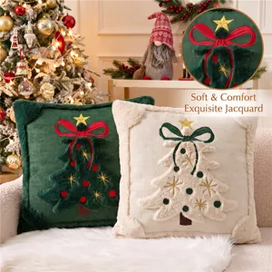 Federa per Cuscino Natalizia Decorativo Fodera per Cuscino in Lino Albero di Natale Fiocco Copricuscino per Divano Decorazione Festiva