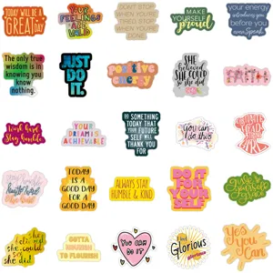 Waterproof English motivational quote stickers for luggage, skateboards, and laptops.