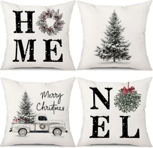 Christmas pillow cover detail featuring festive prints like HOME and Christmas tree.