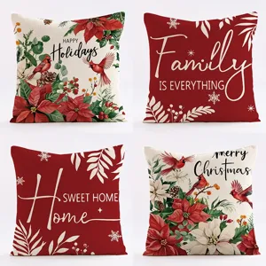 Christmas throw pillow cover detail view, festive holiday design, linen fabric decorative case.