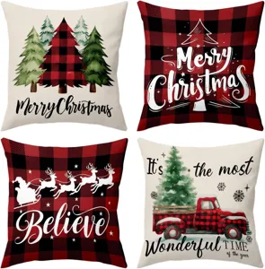 Christmas decorative pillow covers 4 pack, festive buffalo plaid and tree design for home sofa.