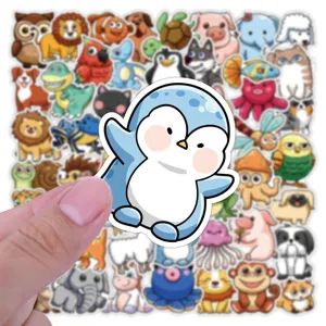 Cute cartoon animal stickers detail shot featuring a lovely blue penguin sticker for decoration.