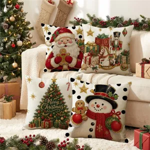 Vintage Christmas pillow cover set with Santa Claus and snowman festive sofa home decor