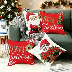 Christmas decorative pillowcase detail shot featuring cute Santa and snowman embroidery designs.