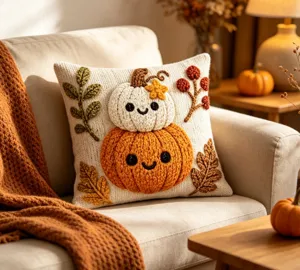 Cute autumn pumpkin crochet pillow cover for cozy home decoration, soft sofa cushion case.