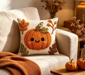 Knit autumn pumpkin throw pillow cover cozy sofa cushion for fall holiday home decor.