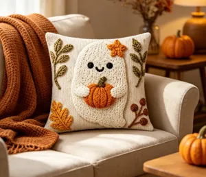 Cozy Halloween knitted pillow cover featuring cute ghost and pumpkin design for autumn home decor.