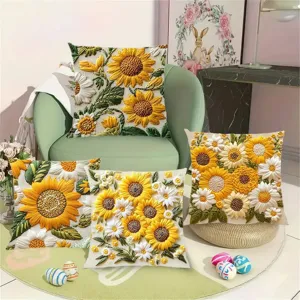Retro sunflower embroidery cushion cover 4-piece set for spring summer home decor