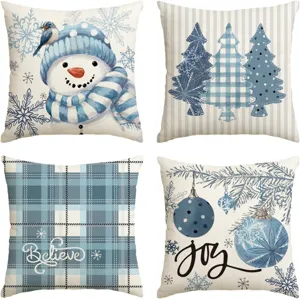 Christmas decorative pillow covers set of 4 blue winter snowflake snowman cushion cases