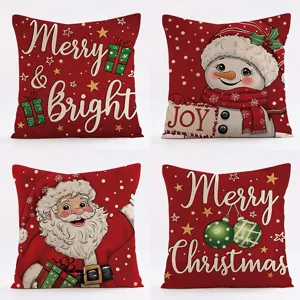 Christmas linen pillow covers 4-piece set, festive red holiday decorative throw cases.