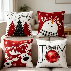 Set of 4 Christmas pillow covers festive holiday cushion cases with cute snowman and reindeer.