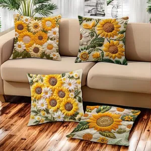 Detail view of vintage 3d sunflower embroidered throw pillow covers, cozy living room decor.