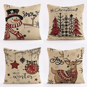 Christmas linen throw pillow cover set featuring cute snowman, trees and reindeer designs.