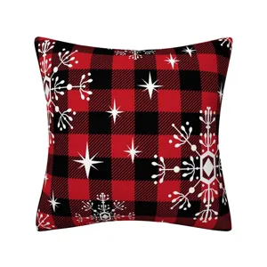 Christmas red black plaid cushion cover featuring white snowflakes, ideal for sofa holiday decor.
