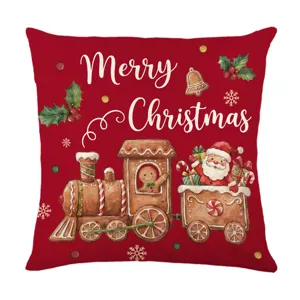 Christmas gingerbread train pillowcase detail, festive red cushion cover for holiday decor.