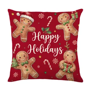 Christmas gingerbread man cushion cover, festive linen holiday pillowcase for sofa home decor.