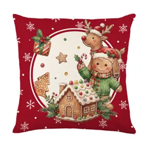 Christmas gingerbread man and reindeer pattern linen pillow cover, festive sofa cushion decor.