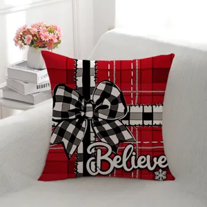 Christmas plaid throw pillow cover with bow and believe text for holiday home sofa.