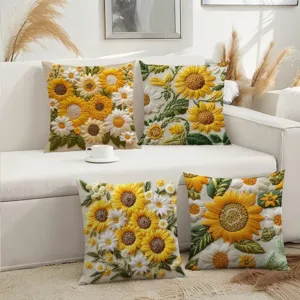Detail view of sunflower embroidered throw pillow covers, spring home decor setup.