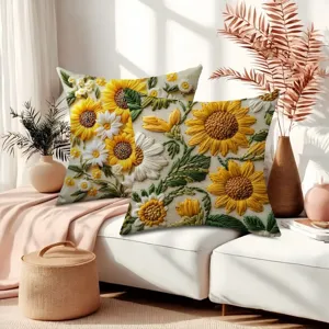 Sunflower embroidered pillow cover, retro floral cushion case for spring summer home decor.