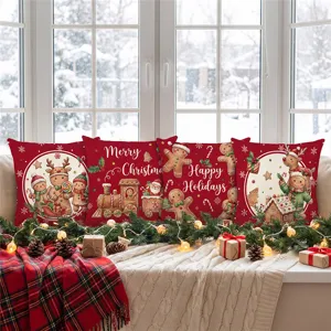 Christmas pillowcase detail showing festive gingerbread man and reindeer sofa decor design.