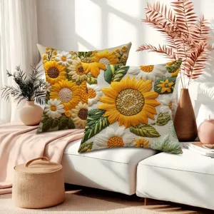Retro sunflower throw pillow cover set, vintage floral embroidered cushion case for home decor.