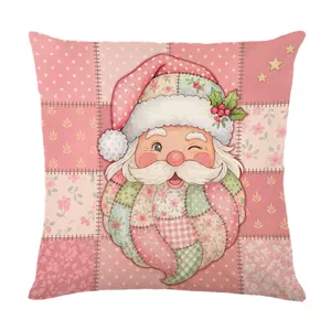 Federa per cuscino di Natale rosa simpatico Babbo Natale stile patchwork copricuscino quadrato