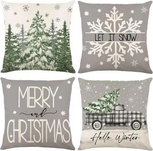 Christmas throw pillow covers set detail showing festive pine tree and truck patterns.
