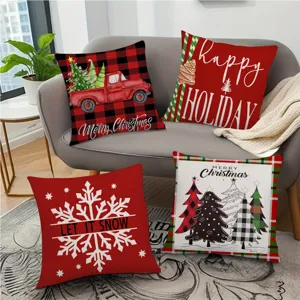 Christmas throw pillow covers 4pcs red plaid holiday cushion for sofa bed decor
