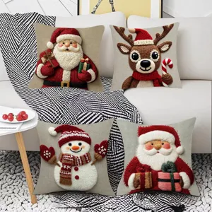 Christmas Decorative Pillow Cover Short Plush Festive Cushion Case With Santa Reindeer Snowman Embroidery For Home Sofa