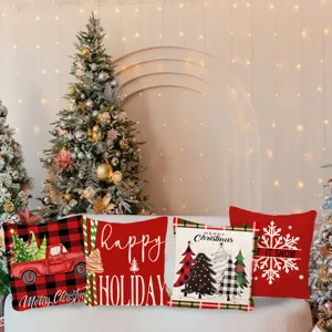 Festive Christmas linen pillow covers set featuring red truck and holiday tree prints for couch decor.