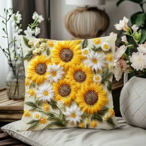 Detailed view of exquisite 3D sunflower and daisy embroidered pillow cover, cozy home decor.