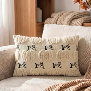 Autumn pumpkin embroidered pillow cover, soft textured fall sofa cushion case for decor.