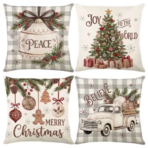 Weihnachten Kissenbezug Set Vintage Stil mit kariertem Muster und festlichem Design.