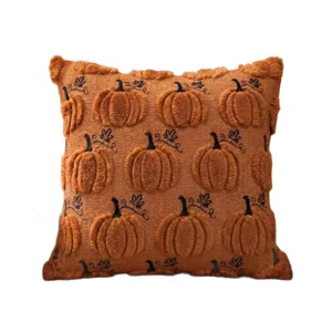 Autumn pumpkin embroidered plush pillow cover, cozy holiday home decor for sofa and bed.