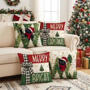 Christmas throw pillow covers featuring cute black cats and festive tree designs for sofa decor.