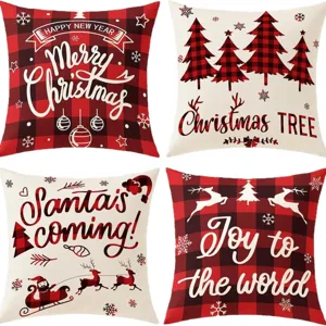 Christmas throw pillow covers set 4pcs red buffalo plaid farmhouse holiday sofa decor