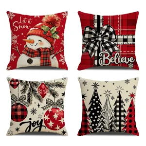 Christmas throw pillow covers set red black plaid snowman tree decorations sets
