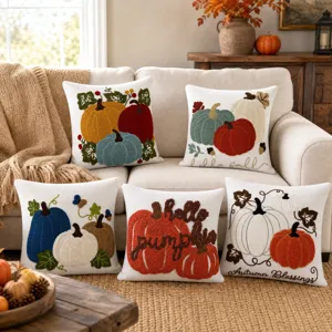 Plush American Retro Thanksgiving Pumpkin Embroidered Throw Pillow Case Autumn Festival Decorative Sofa Cushion