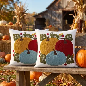 Autumn pumpkin embroidered throw pillow cover for Thanksgiving holiday sofa home decor detail view.