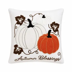 Detailed view of the autumn pumpkin embroidered cushion cover, featuring textured autumn leaves nicely.