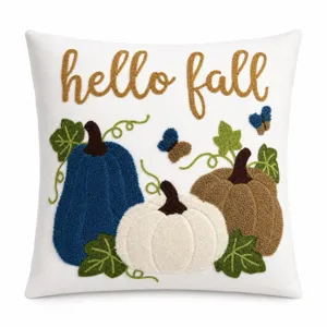 Autumn harvest pumpkin decorative throw pillow cover with cute tufted embroidery design.