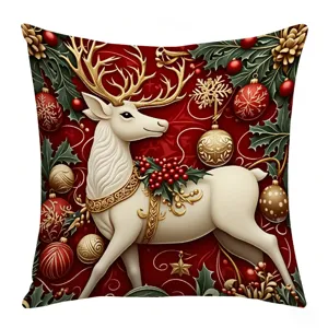 Christmas reindeer throw pillow cover, festive red velvet cushion case for holiday home decor.