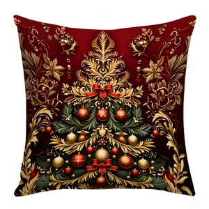 Christmas decorative throw pillow cover with golden tree and red ornaments for holiday sofa