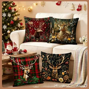 Christmas Pillow Cover Red Green Festive Deer Short Plush Decorative Cushion Cover For Holiday Party Home Sofa Living