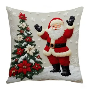 Christmas throw pillow cover with Santa Claus and tree design for festive home decor.